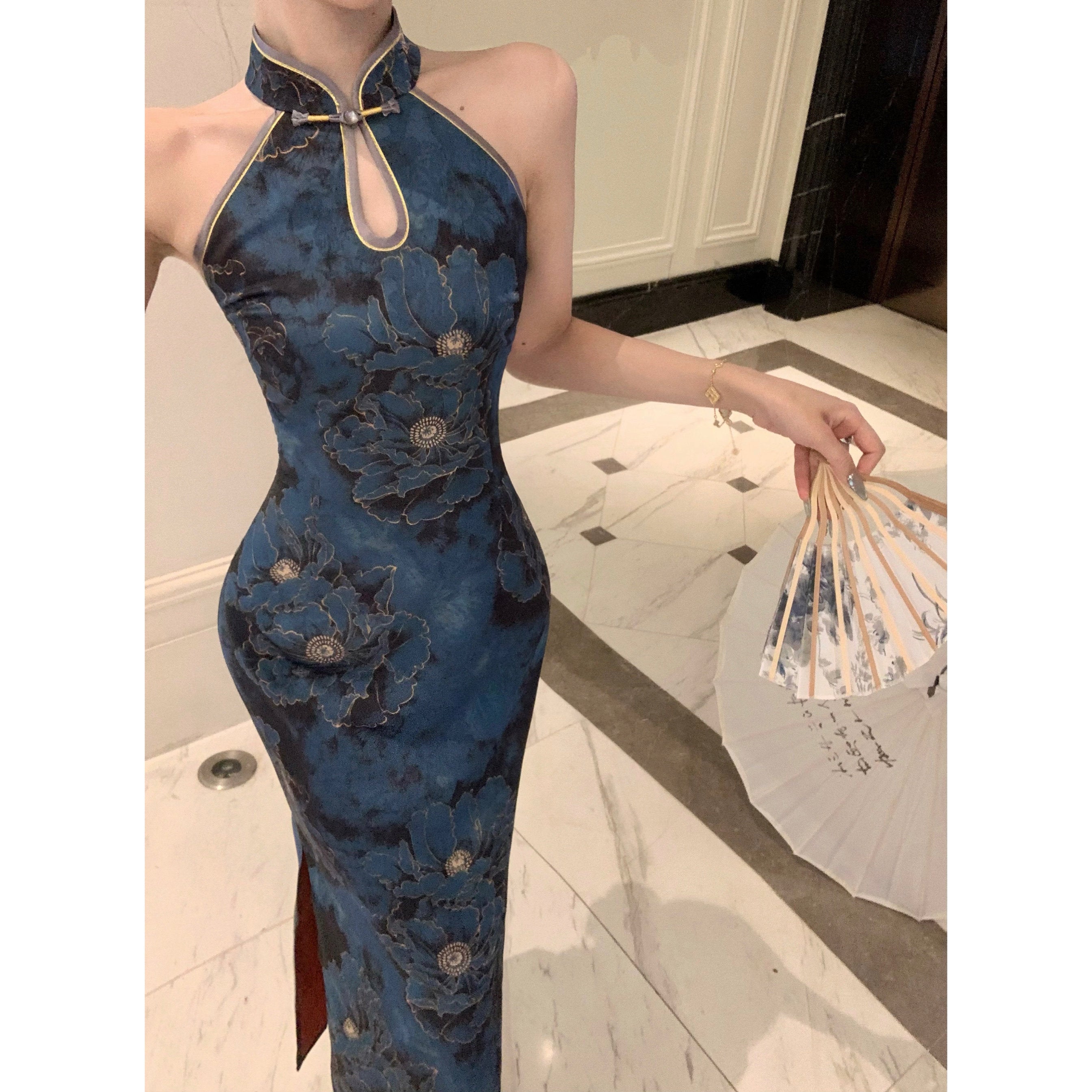 Teal Blue Printed Satin Qipao | Cold Shoulder Maxi Cheongsam