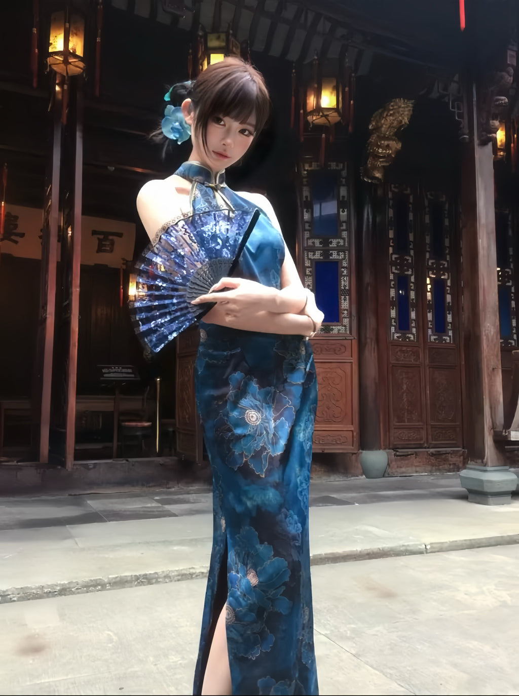 Teal Blue Printed Satin Qipao | Cold Shoulder Maxi Cheongsam