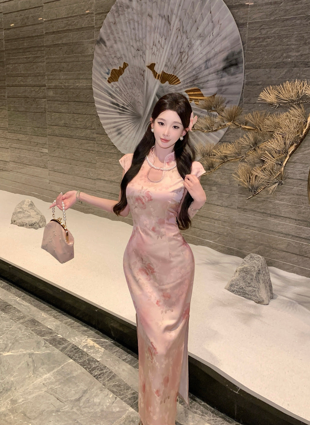Soft Pink Rose Jacquard Qipao | Vintage Romance Keyhole Cheongsam