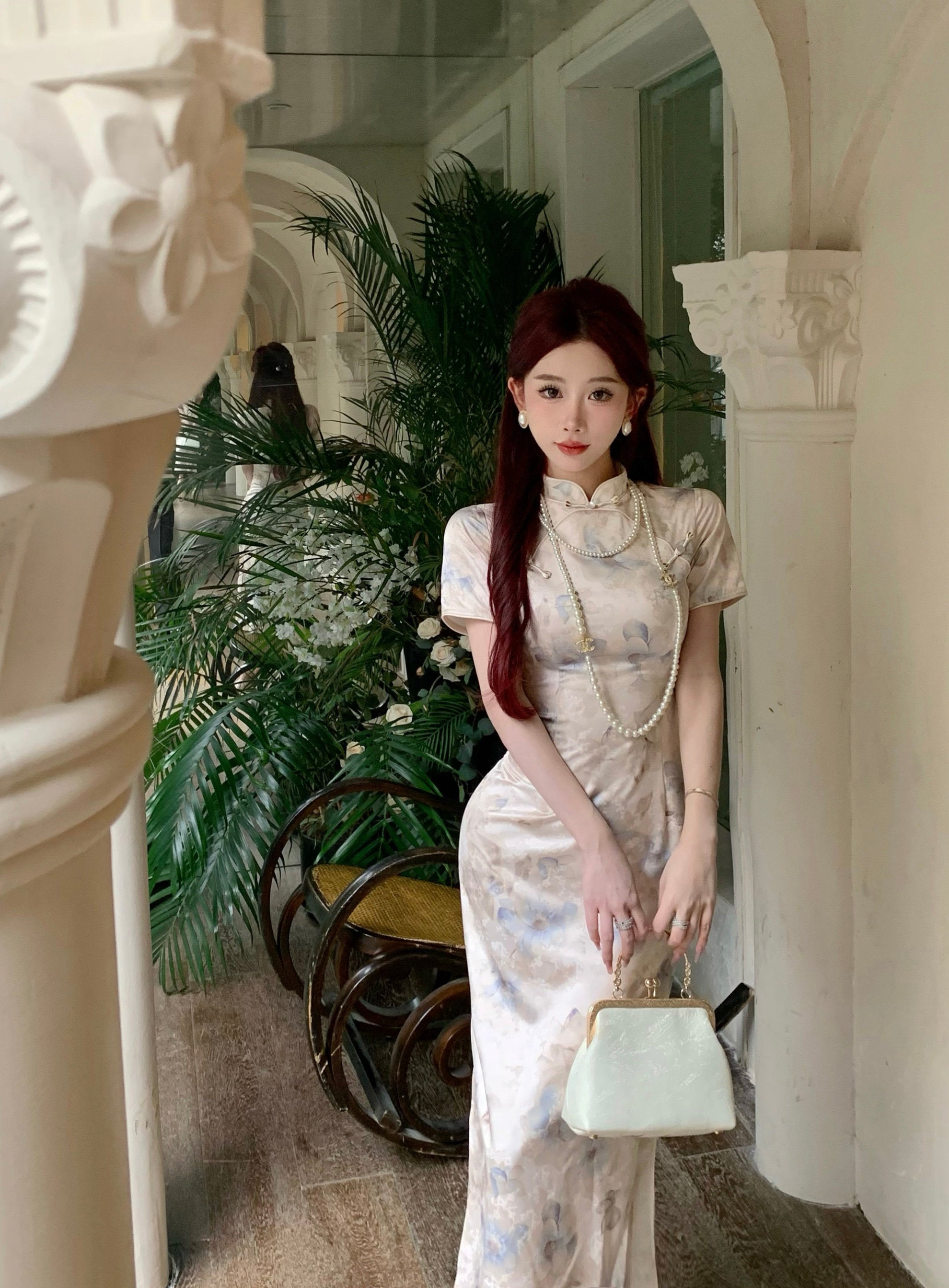 石板蓝提花旗袍 | 雅致国风长款连衣裙