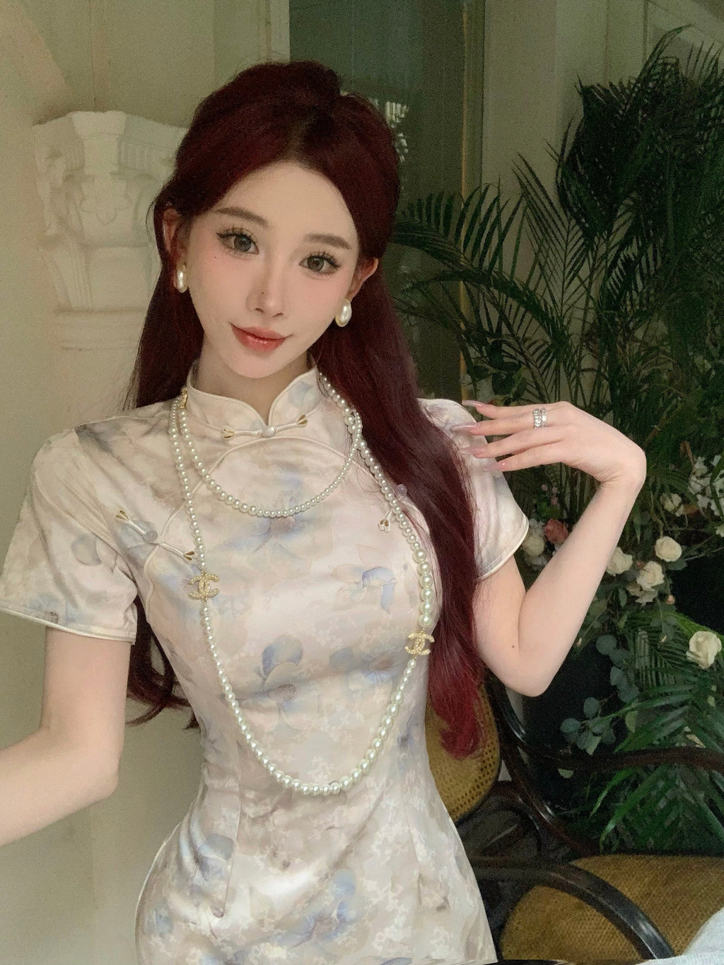 石板蓝提花旗袍 | 雅致国风长款连衣裙