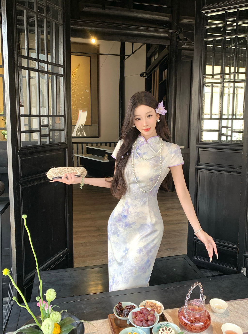 紫色渐变提花旗袍 | 温柔亮肤修身长旗袍