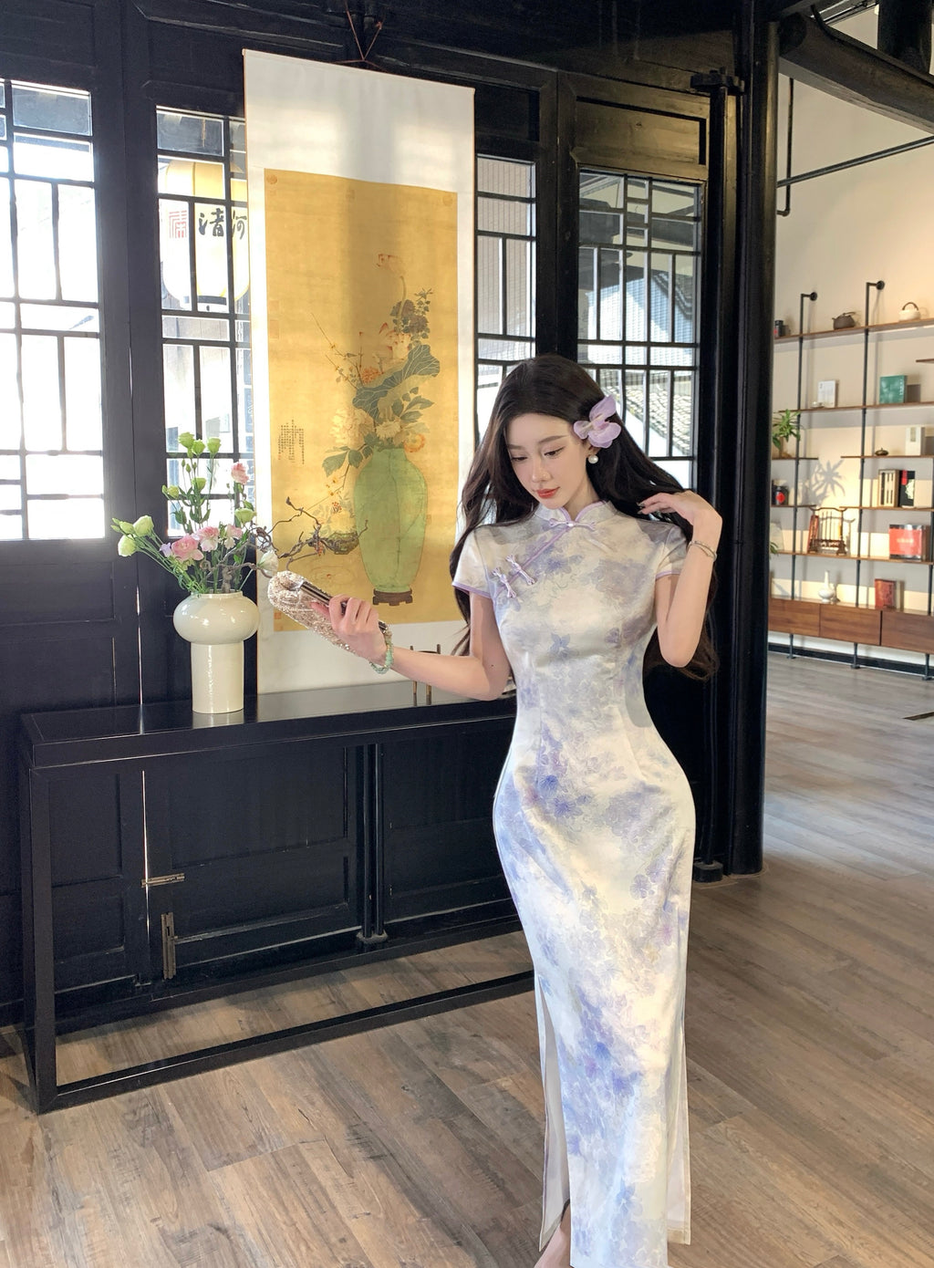 紫色渐变提花旗袍 | 温柔亮肤修身长旗袍