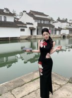 黑色牡丹刺绣旗袍 | 复古无袖长款旗袍