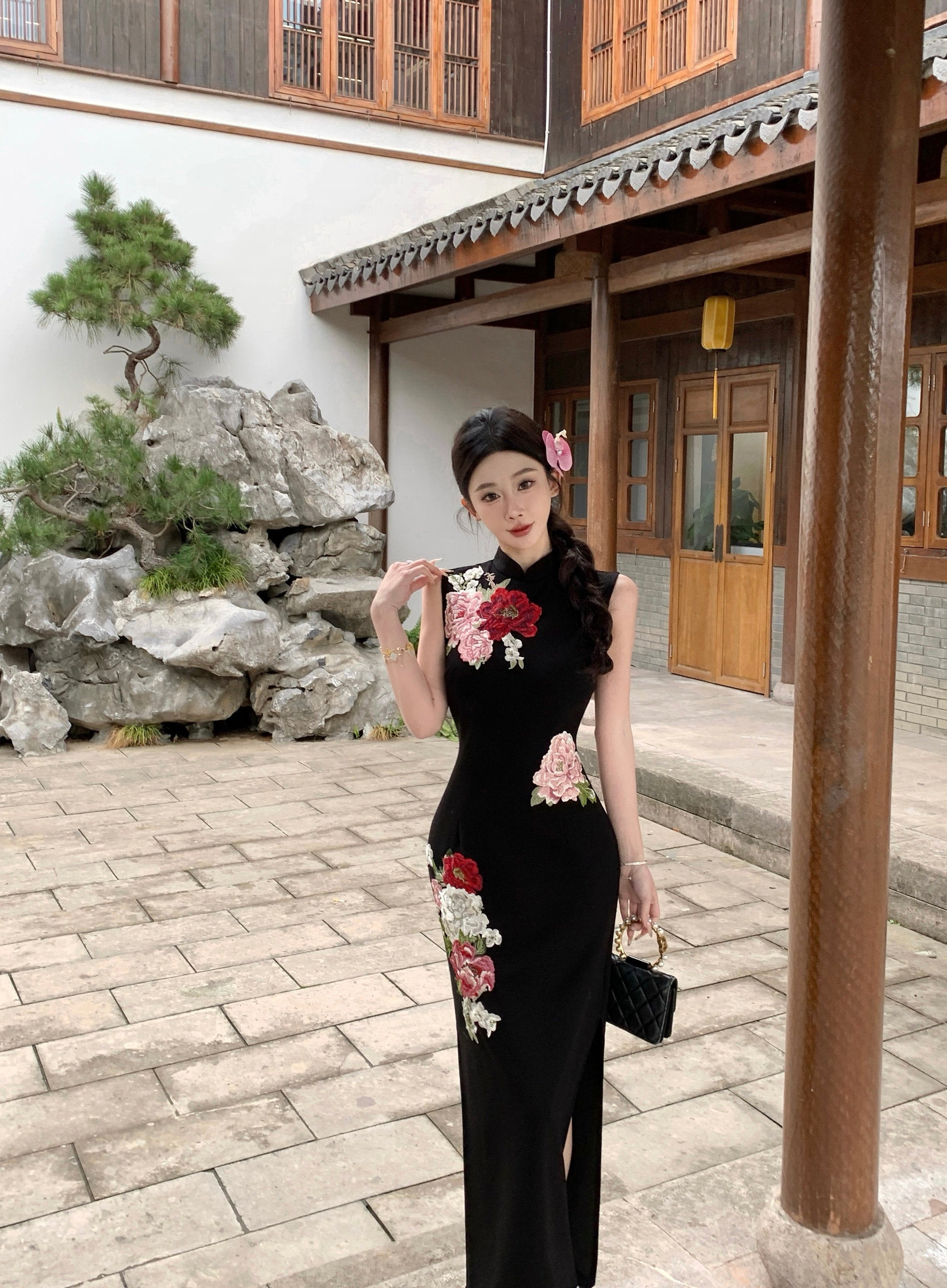 黑色牡丹刺绣旗袍 | 复古无袖长款旗袍