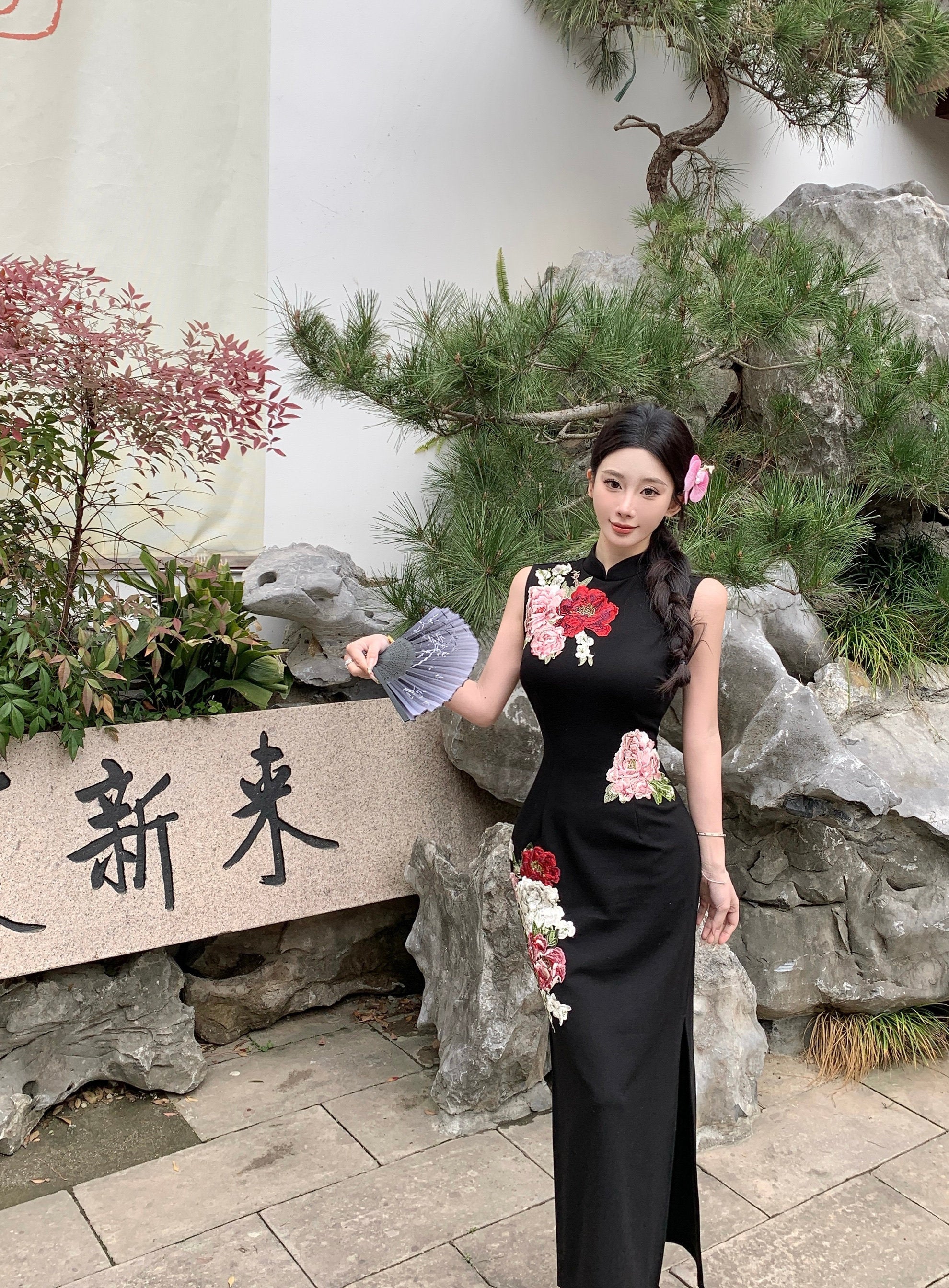 黑色牡丹刺绣旗袍 | 复古无袖长款旗袍