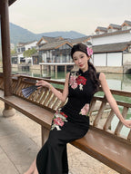 黑色牡丹刺绣旗袍 | 复古无袖长款旗袍