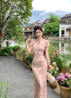 粉色竹纹提花绸缎旗袍 | 现代中式改良旗袍