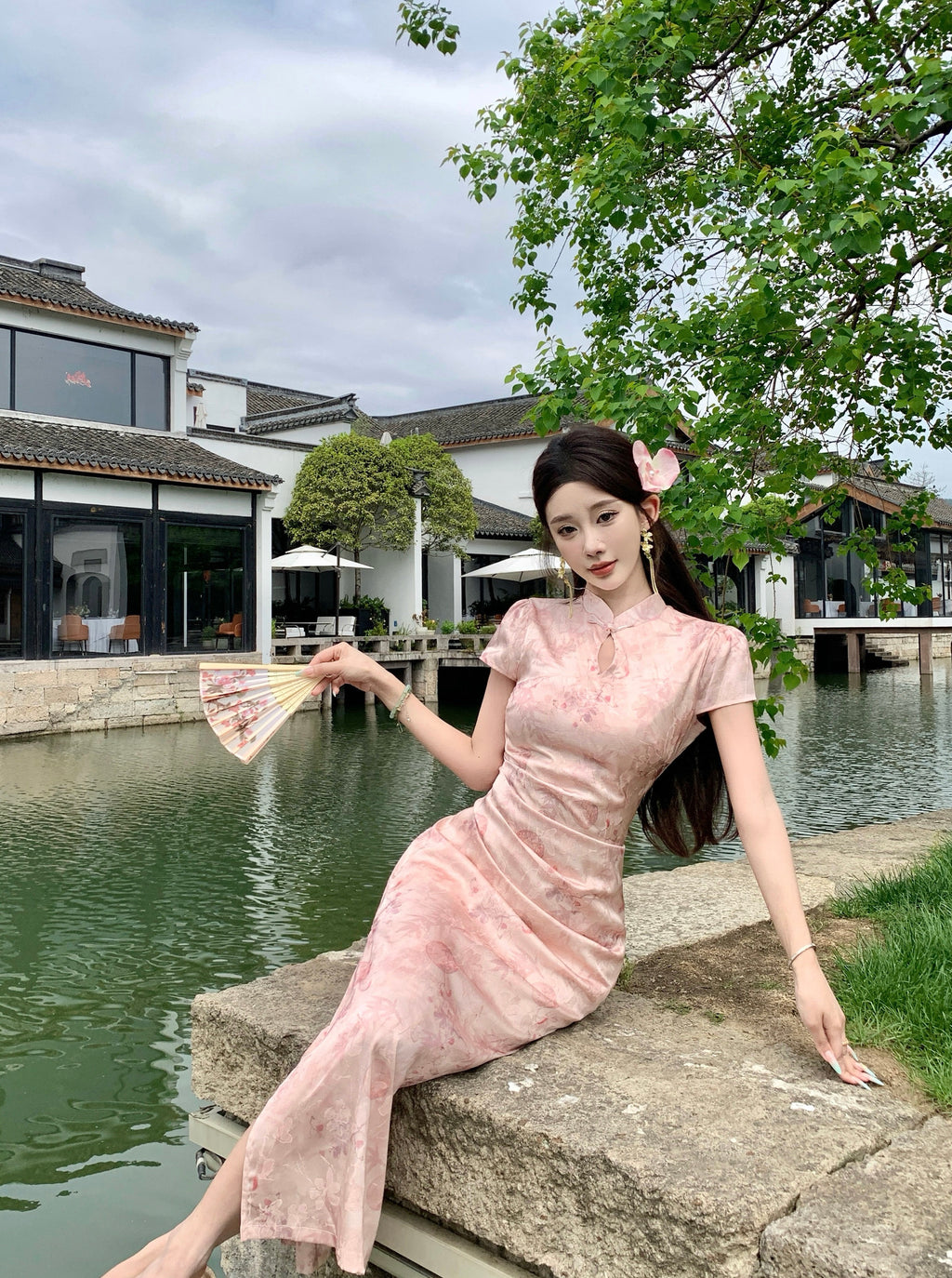 粉色竹纹提花绸缎旗袍 | 现代中式改良旗袍