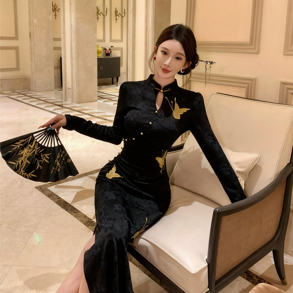 红黑配色现代中式敬酒服 | 长袖针织旗袍