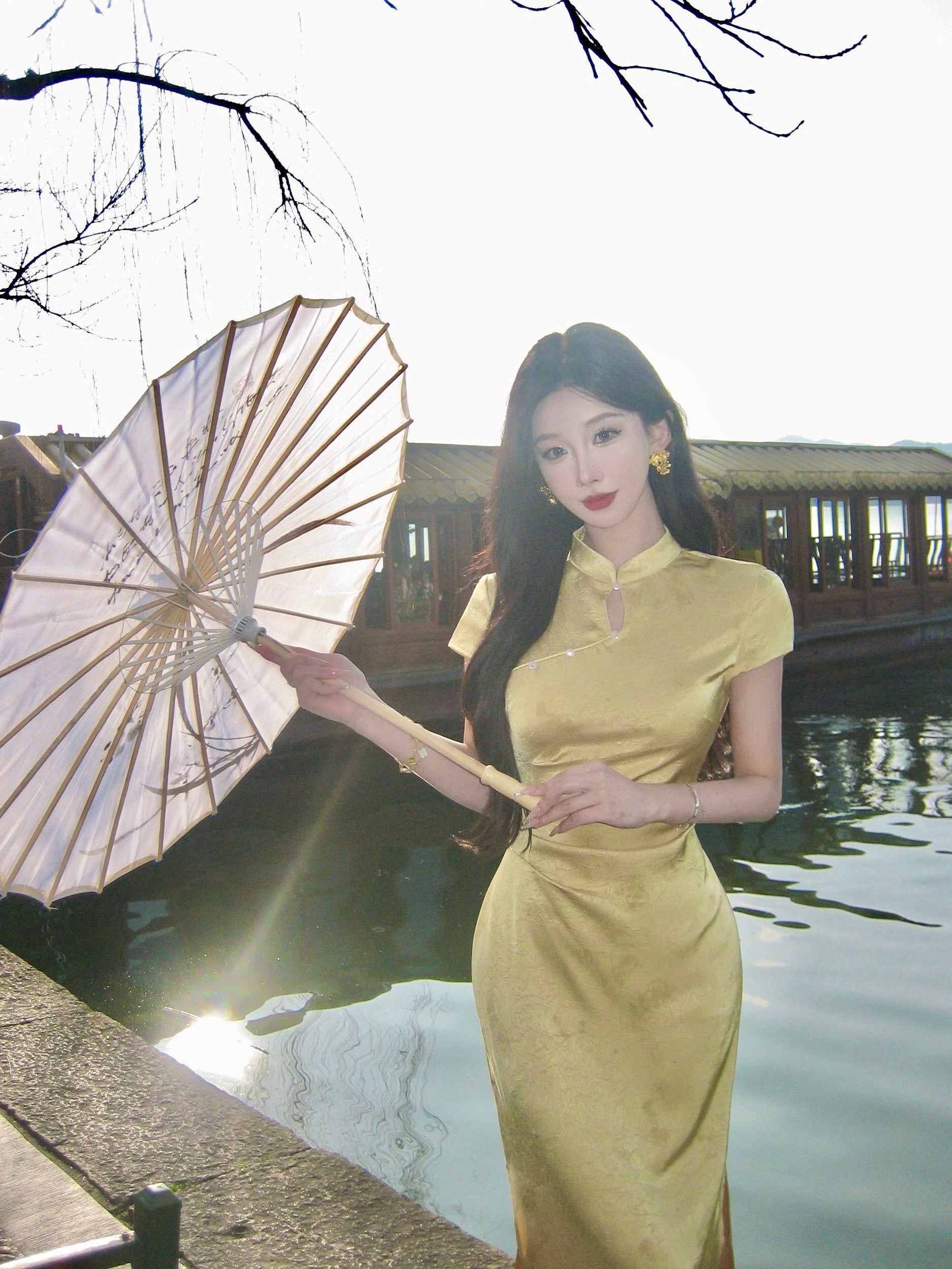 蝴蝶印花缎面旗袍 | 优雅中式长裙
