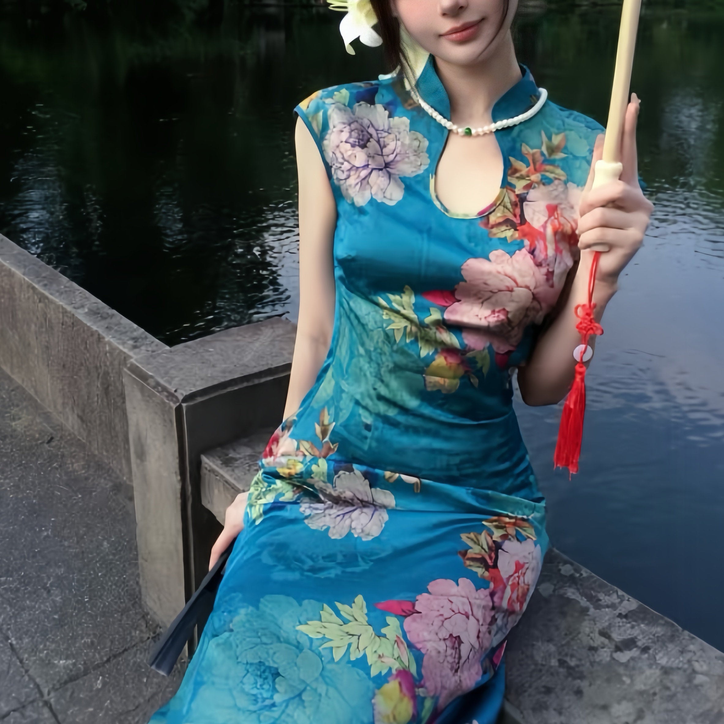 宝蓝色提花旗袍 | 性感镂空短袖旗袍