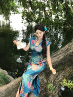 宝蓝色提花旗袍 | 性感镂空短袖旗袍