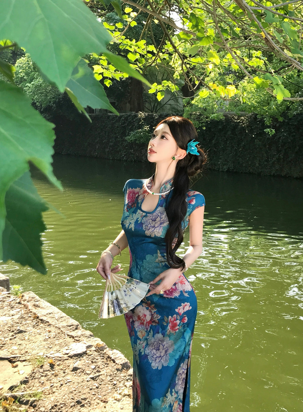 宝蓝色提花旗袍 | 性感镂空短袖旗袍