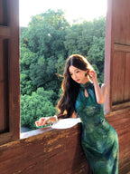 绿色渐变牡丹提花旗袍 | 显白缎面旗袍