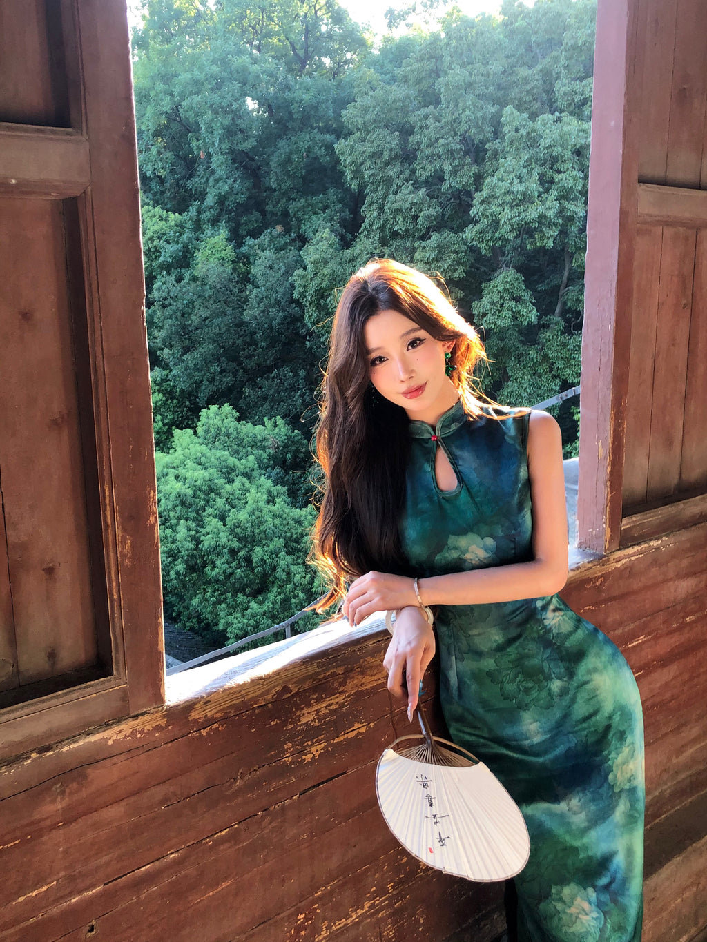 绿色渐变牡丹提花旗袍 | 显白缎面旗袍