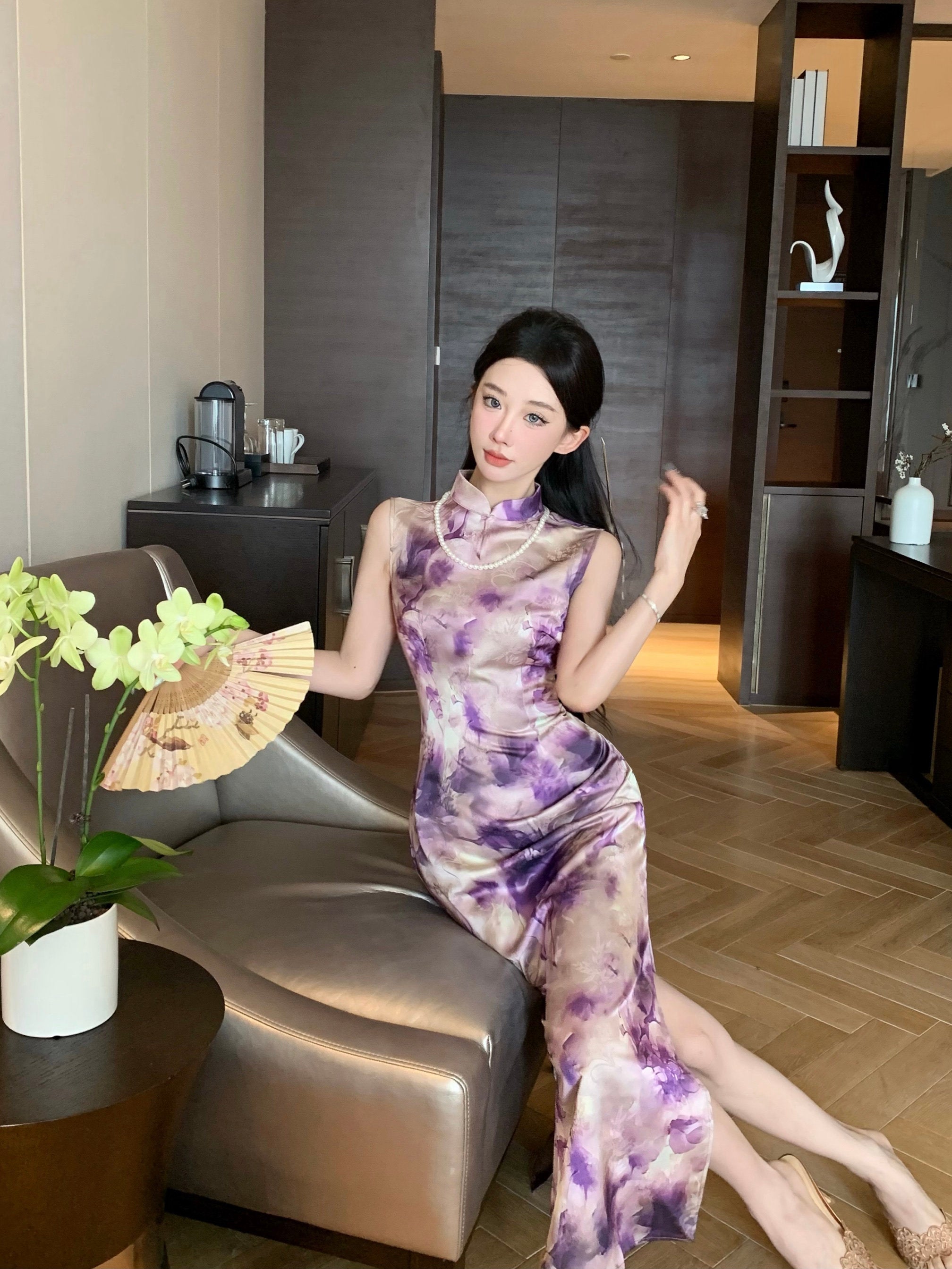 紫色渐变旗袍 | 复古港风扎染旗袍