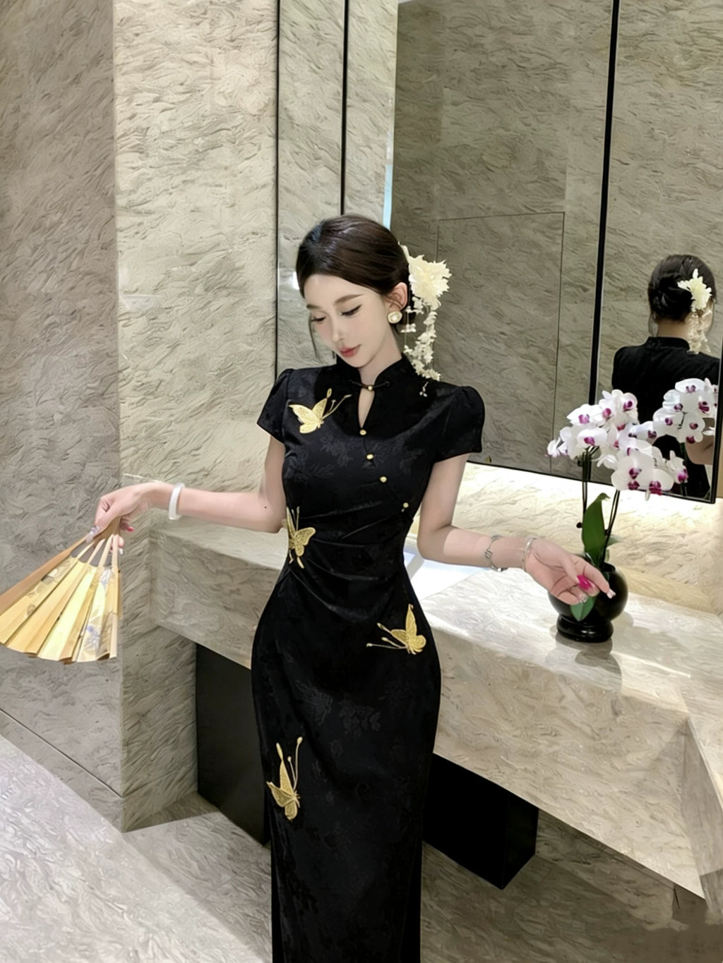 红黑配色现代中式敬酒服 | 长袖针织旗袍