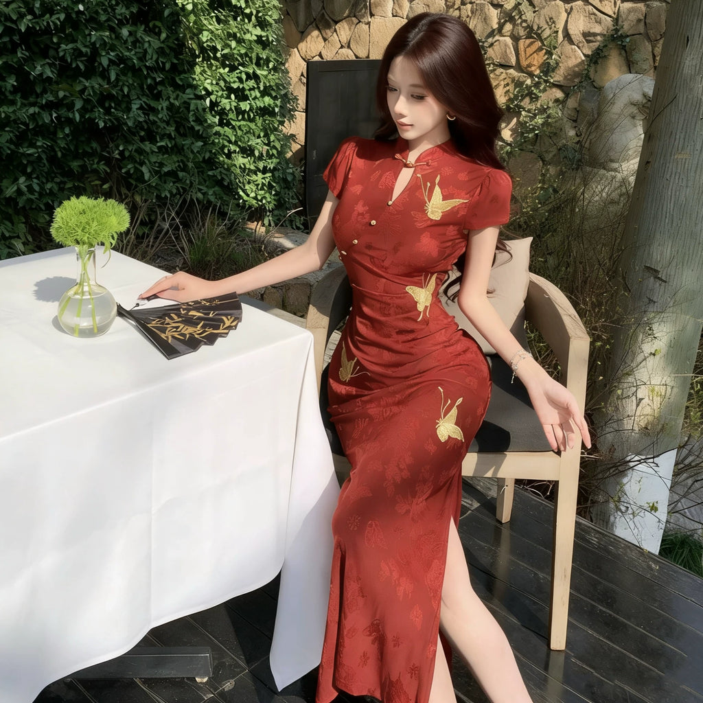 红黑配色现代中式敬酒服 | 长袖针织旗袍